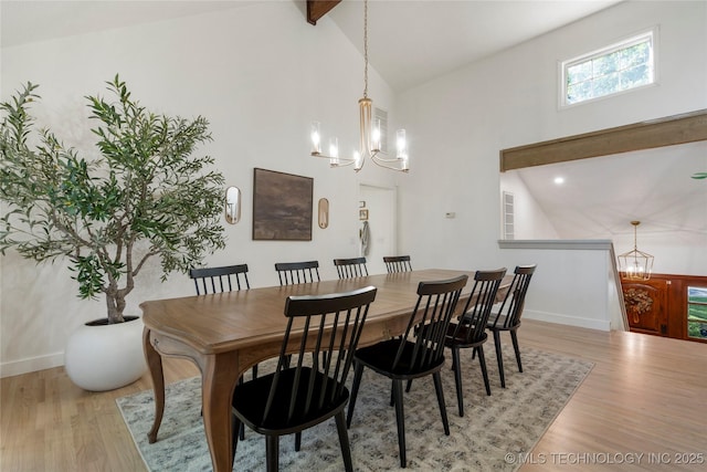 8721 S 65th E Pl, Tulsa, OK 74133 - dining room featuring a chandelier, wood finished floors, beamed ceiling, high vaulted ceiling, and baseboards