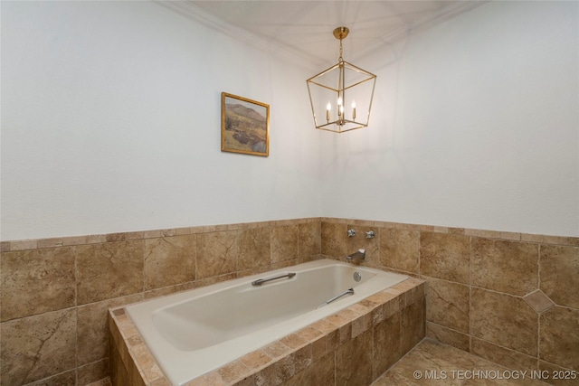 8721 S 65th E Pl, Tulsa, OK 74133 - bathroom featuring a bath, a chandelier, and ornamental molding