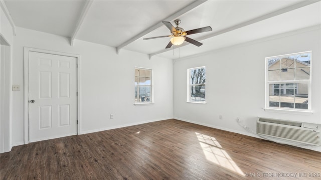 416 S Cedar St, Owasso, OK 74055 - empty room featuring beamed ceiling, wood finished floors, a ceiling fan, an AC wall unit, and baseboards