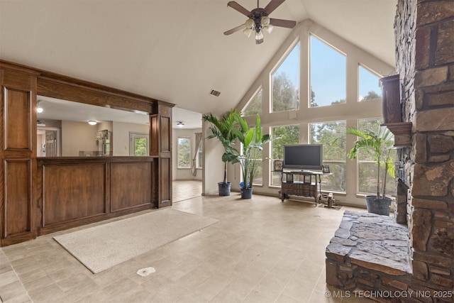 4157 New Prue Rd, Sand Springs, OK 74063 - reception with ceiling fan, high vaulted ceiling, and decorative columns