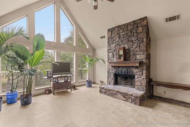4157 New Prue Rd, Sand Springs, OK 74063 - living area featuring high vaulted ceiling, ceiling fan, and a fireplace