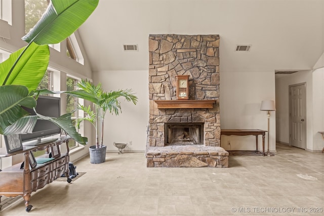 4157 New Prue Rd, Sand Springs, OK 74063 - living room with high vaulted ceiling and a fireplace