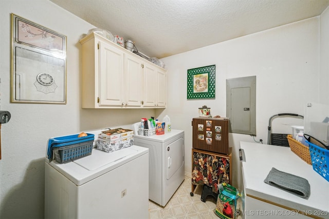 32410 W 301st St S, Bristow, OK 74010 - washroom featuring cabinet space, washing machine and clothes dryer, electric panel, and a textured ceiling