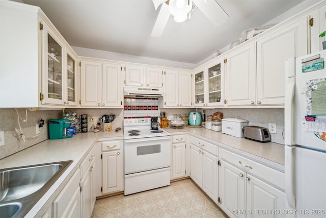 32410 W 301st St S, Bristow, OK 74010 - kitchen with white appliances, under cabinet range hood, ceiling fan, and light countertops
