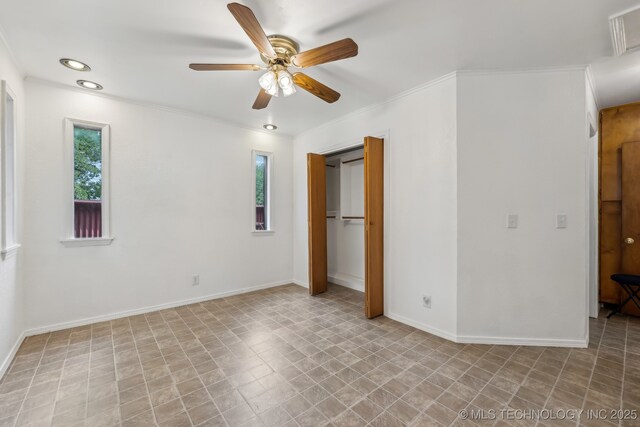 370463 E 5750th Rd, Terlton, OK 74081 - unfurnished bedroom featuring baseboards, crown molding, a ceiling fan, a closet, and recessed lighting