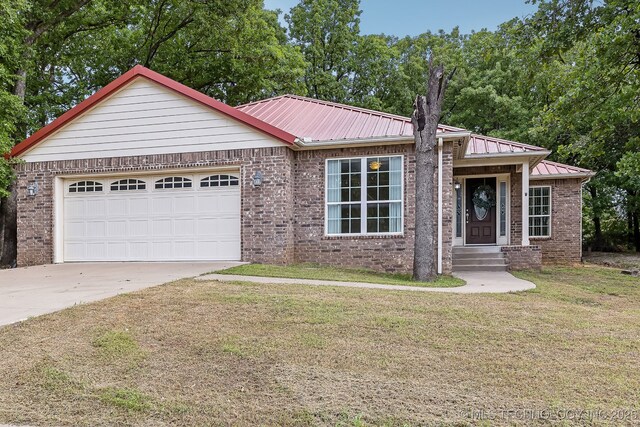 370463 E 5750th Rd, Terlton, OK 74081 - single story home featuring driveway, brick siding, a garage, and a front lawn