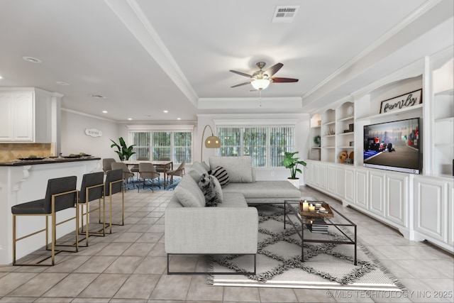 370463 E 5750th Rd, Terlton, OK 74081 - living area with a ceiling fan, crown molding, light tile patterned floors, recessed lighting, and a tray ceiling