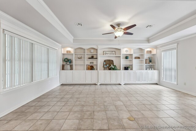 370463 E 5750th Rd, Terlton, OK 74081 - unfurnished living room with a ceiling fan, a tray ceiling, ornamental molding, light tile patterned flooring, and baseboards