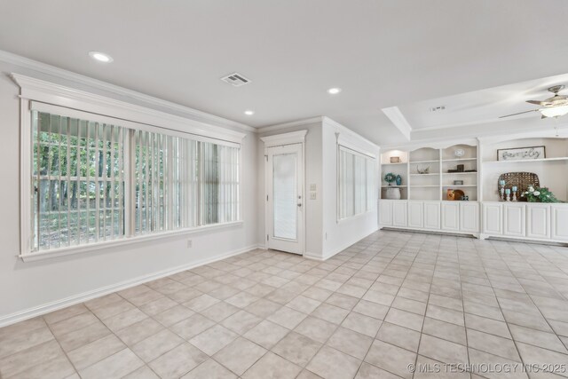 370463 E 5750th Rd, Terlton, OK 74081 - unfurnished living room featuring ornamental molding, baseboards, a ceiling fan, recessed lighting, and light tile patterned flooring