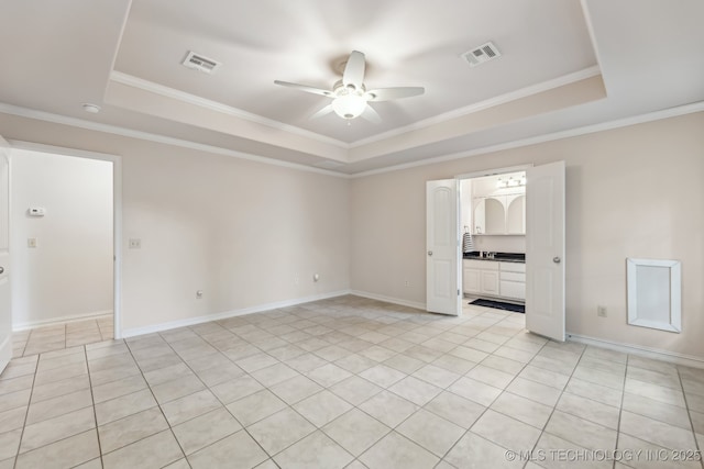 370463 E 5750th Rd, Terlton, OK 74081 - empty room with a raised ceiling, ceiling fan, crown molding, and light tile patterned floors