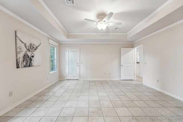 370463 E 5750th Rd, Terlton, OK 74081 - empty room with a raised ceiling, a ceiling fan, crown molding, and baseboards