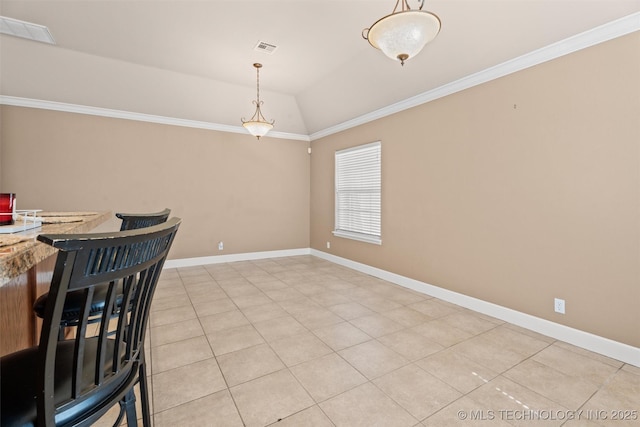 28744 N 3964th Rd, Ochelata, OK 74051 - dining space featuring vaulted ceiling, light tile patterned floors, ornamental molding, and baseboards