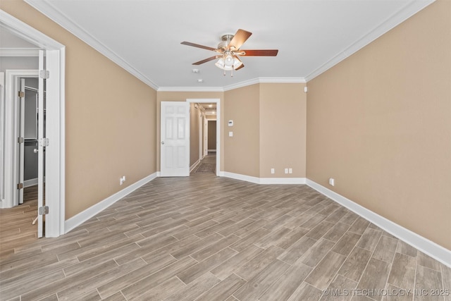 28744 N 3964th Rd, Ochelata, OK 74051 - unfurnished bedroom with baseboards, light wood-type flooring, crown molding, a spacious closet, and ceiling fan