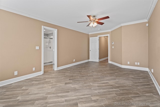 28744 N 3964th Rd, Ochelata, OK 74051 - unfurnished bedroom featuring crown molding, baseboards, wood finished floors, ceiling fan, and a baseboard radiator