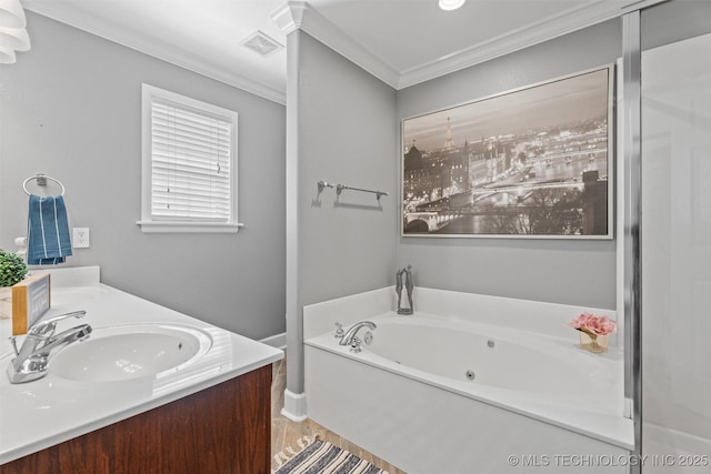 28744 N 3964th Rd, Ochelata, OK 74051 - full bathroom with ornamental molding, a bath, double vanity, and wood finished floors