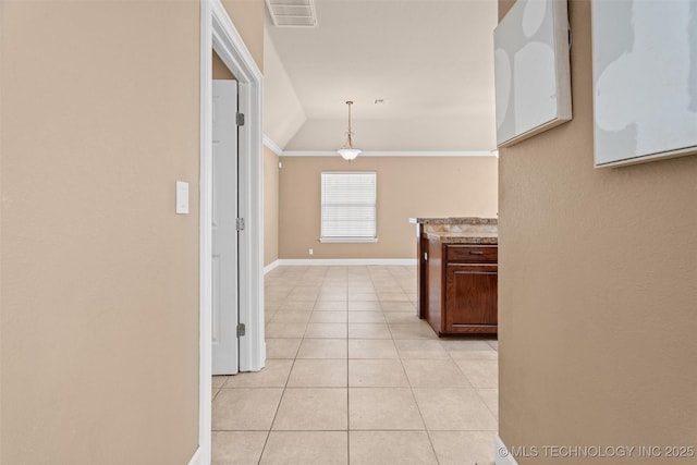 28744 N 3964th Rd, Ochelata, OK 74051 - corridor with light tile patterned floors, baseboards, lofted ceiling, and ornamental molding