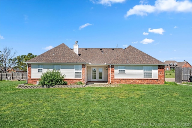 28744 N 3964th Rd, Ochelata, OK 74051 - back of property featuring brick siding, a chimney, french doors, and a shingled roof