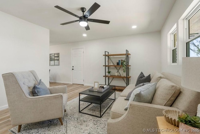 1118 E 131st St S, Jenks, OK 74037 - living room featuring light wood-style floors, ceiling fan, recessed lighting, and baseboards