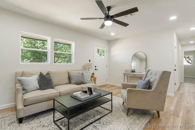 1118 E 131st St S, Jenks, OK 74037 - living room featuring plenty of natural light, light wood finished floors, ceiling fan, baseboards, and recessed lighting