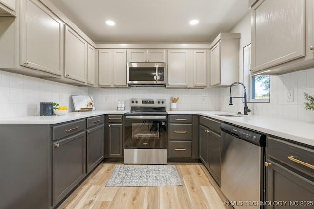 1118 E 131st St S, Jenks, OK 74037 - kitchen featuring stainless steel appliances, light wood-style floors, backsplash, gray cabinetry, and light countertops