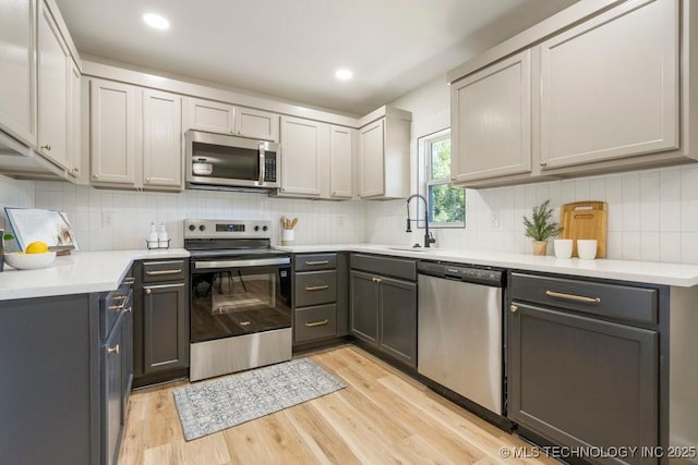 1118 E 131st St S, Jenks, OK 74037 - kitchen with stainless steel appliances, a sink, gray cabinetry, tasteful backsplash, and light wood finished floors