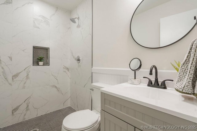 1118 E 131st St S, Jenks, OK 74037 - bathroom featuring toilet, a marble finish shower, and vanity