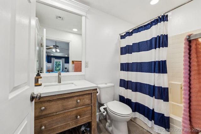 2982 S 294th E Ave, Broken Arrow, OK 74014 - full bathroom featuring toilet, vanity, shower / bath combination with curtain, tile patterned flooring, and ceiling fan