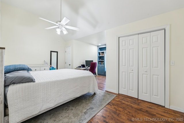2982 S 294th E Ave, Broken Arrow, OK 74014 - bedroom featuring dark wood finished floors, lofted ceiling, a ceiling fan, a closet, and a desk