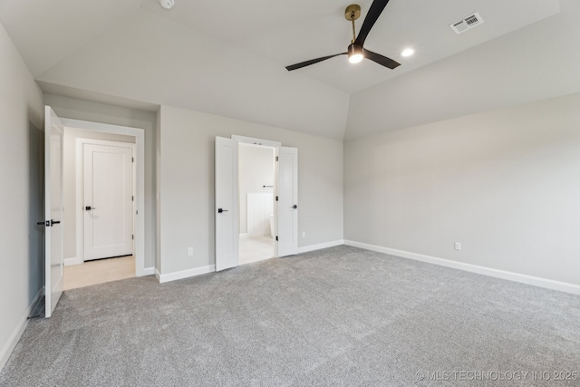 23250 E 106th Pl S, Broken Arrow, OK 74014 - unfurnished bedroom featuring vaulted ceiling, carpet flooring, baseboards, a ceiling fan, and connected bathroom