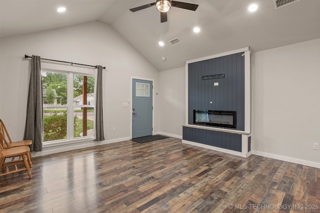 110 S Birch St, Sapulpa, OK 74066 - unfurnished living room featuring ceiling fan, wood finished floors, a fireplace, high vaulted ceiling, and recessed lighting