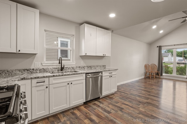 110 S Birch St, Sapulpa, OK 74066 - kitchen with appliances with stainless steel finishes, a sink, dark wood-style flooring, ceiling fan, and recessed lighting