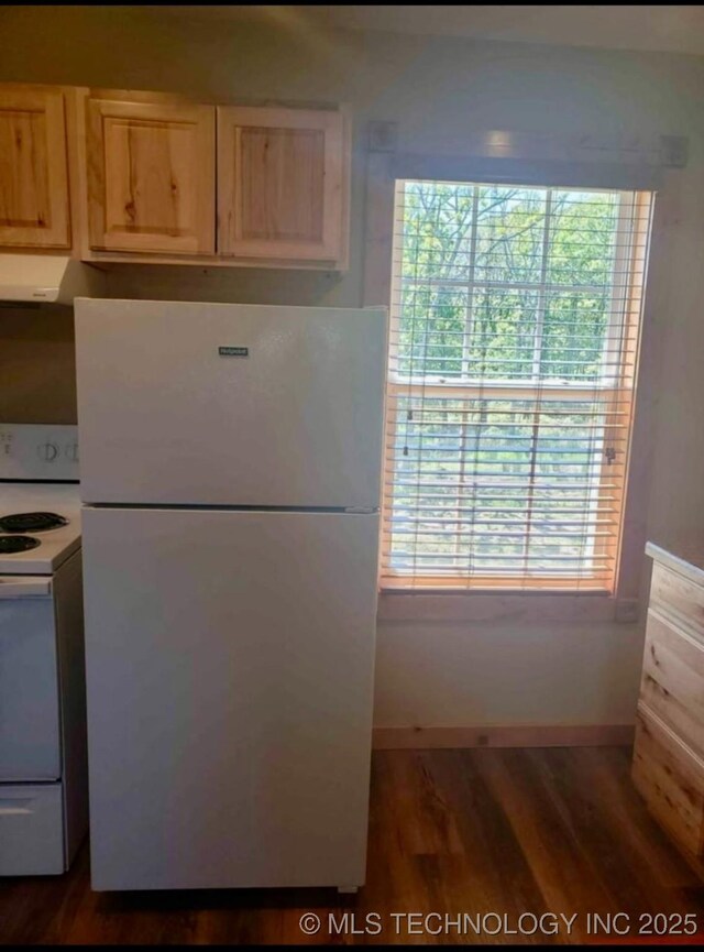452176 E 958th Rd, Vian, OK 74962 - kitchen with white appliances, wood finished floors, light brown cabinets, and exhaust hood