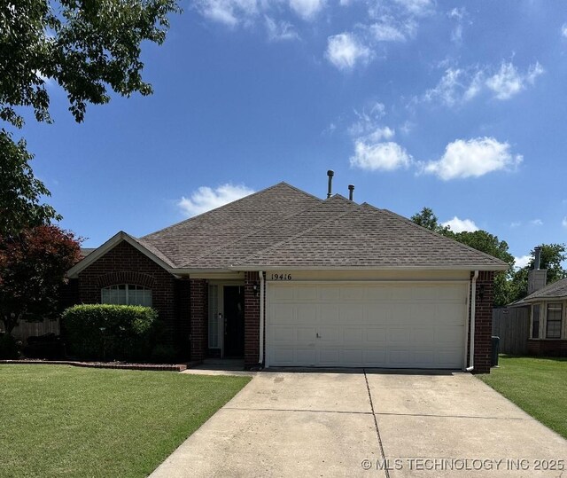 19416 E 38th St S, Broken Arrow, OK 74014 - ranch-style house with brick siding, roof with shingles, a front lawn, concrete driveway, and a garage