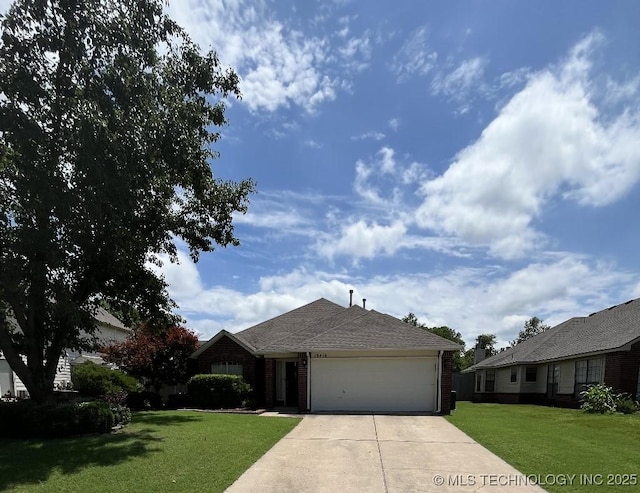 19416 E 38th St S, Broken Arrow, OK 74014 - ranch-style house with an attached garage, brick siding, concrete driveway, and a front yard