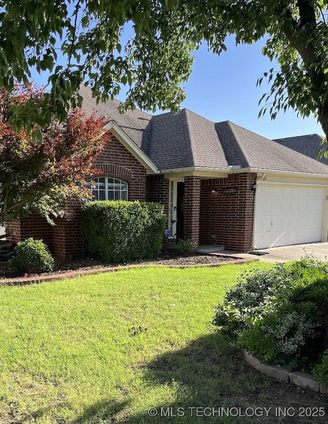 19416 E 38th St S, Broken Arrow, OK 74014 - view of front facade with brick siding, a garage, a front lawn, concrete driveway, and roof with shingles