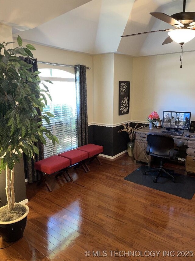 19416 E 38th St S, Broken Arrow, OK 74014 - office with wood finished floors, a ceiling fan, and vaulted ceiling