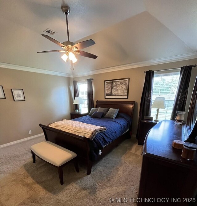 19416 E 38th St S, Broken Arrow, OK 74014 - carpeted bedroom with multiple windows, crown molding, baseboards, and ceiling fan