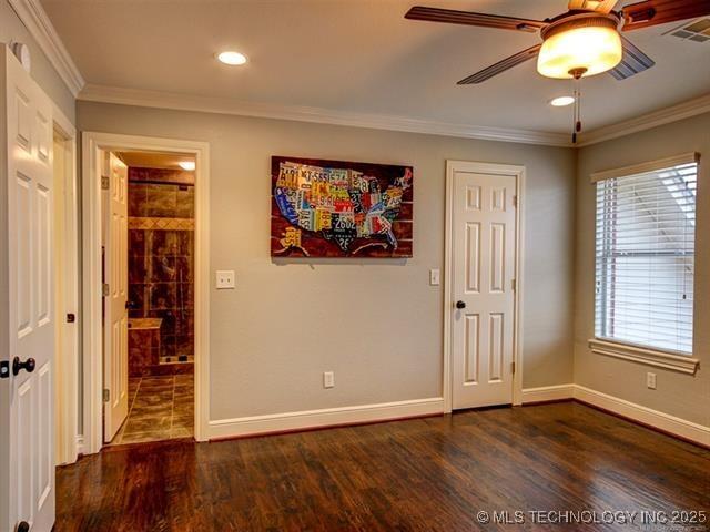 3511 E 181st St S, Bixby, OK 74008 - empty room featuring a ceiling fan, dark wood-style floors, baseboards, crown molding, and recessed lighting