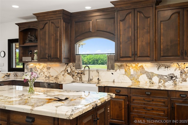 3511 E 181st St S, Bixby, OK 74008 - kitchen with a sink, open shelves, dark brown cabinetry, and recessed lighting