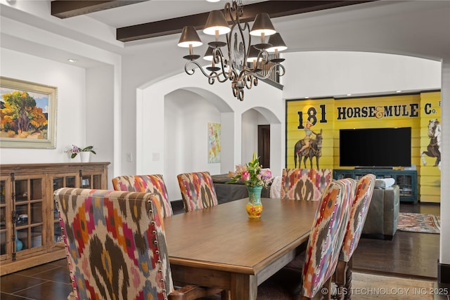 3511 E 181st St S, Bixby, OK 74008 - dining area featuring arched walkways, beamed ceiling, and a chandelier