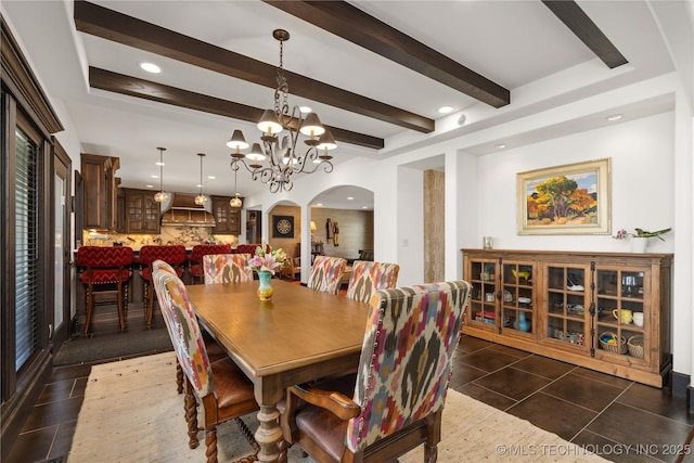 3511 E 181st St S, Bixby, OK 74008 - dining space with arched walkways, beamed ceiling, dark tile patterned flooring, a chandelier, and recessed lighting