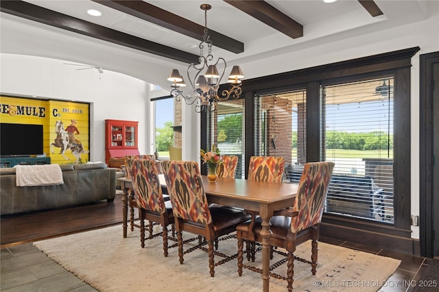 3511 E 181st St S, Bixby, OK 74008 - dining space featuring beamed ceiling, a chandelier, wood finished floors, and ceiling fan