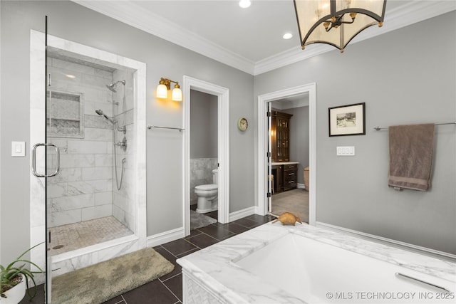 3511 E 181st St S, Bixby, OK 74008 - full bath featuring toilet, crown molding, a stall shower, a chandelier, and recessed lighting