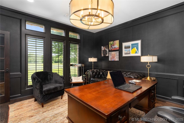 3511 E 181st St S, Bixby, OK 74008 - office featuring a decorative wall, a chandelier, and light wood-style flooring