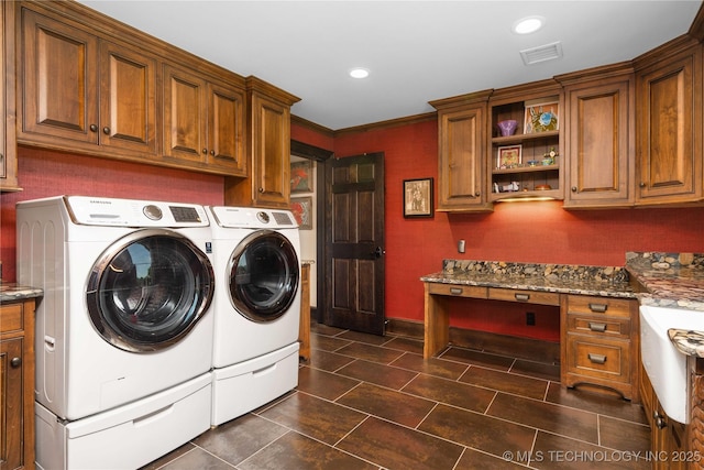 3511 E 181st St S, Bixby, OK 74008 - laundry area featuring washing machine and clothes dryer, cabinet space, baseboards, a desk, and dark tile patterned flooring
