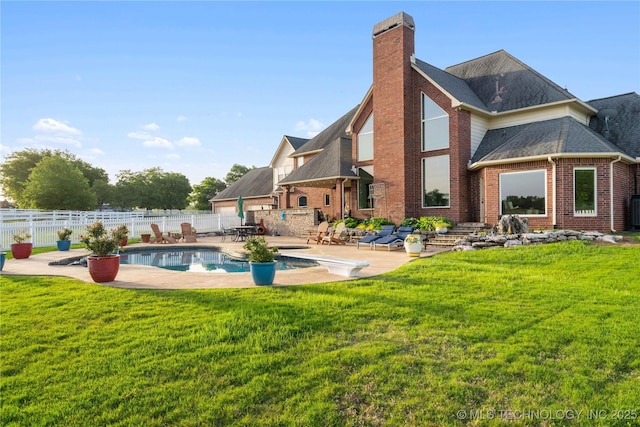 3511 E 181st St S, Bixby, OK 74008 - rear view of property with a patio, brick siding, a chimney, a shingled roof, and cooling unit