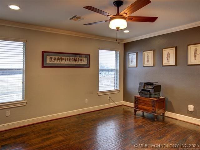 3511 E 181st St S, Bixby, OK 74008 - empty room featuring ornamental molding, wood finished floors, baseboards, ceiling fan, and recessed lighting