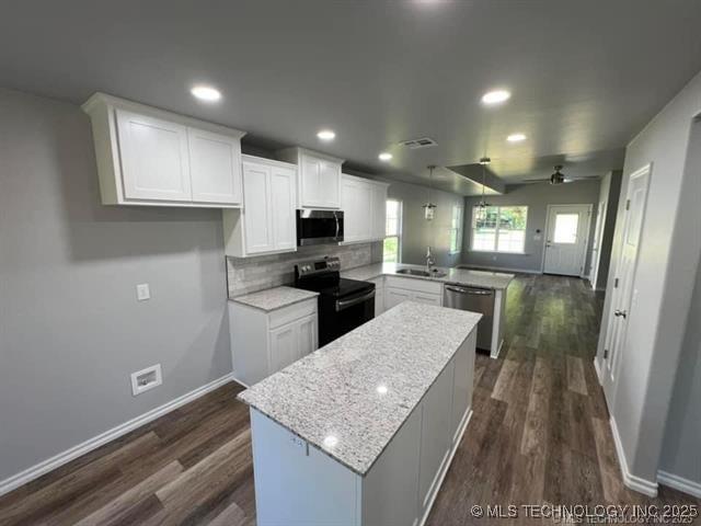 130 W Lincoln Ave, Sapulpa, OK 74066 - kitchen with appliances with stainless steel finishes, a peninsula, a sink, dark wood-style flooring, and recessed lighting