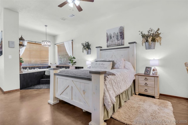 26115 US Highway 70, Bokchito, OK 74726 - bedroom with baseboards, concrete flooring, and a chandelier