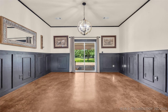 26115 US Highway 70, Bokchito, OK 74726 - unfurnished dining area with a decorative wall, a chandelier, concrete floors, a wainscoted wall, and crown molding